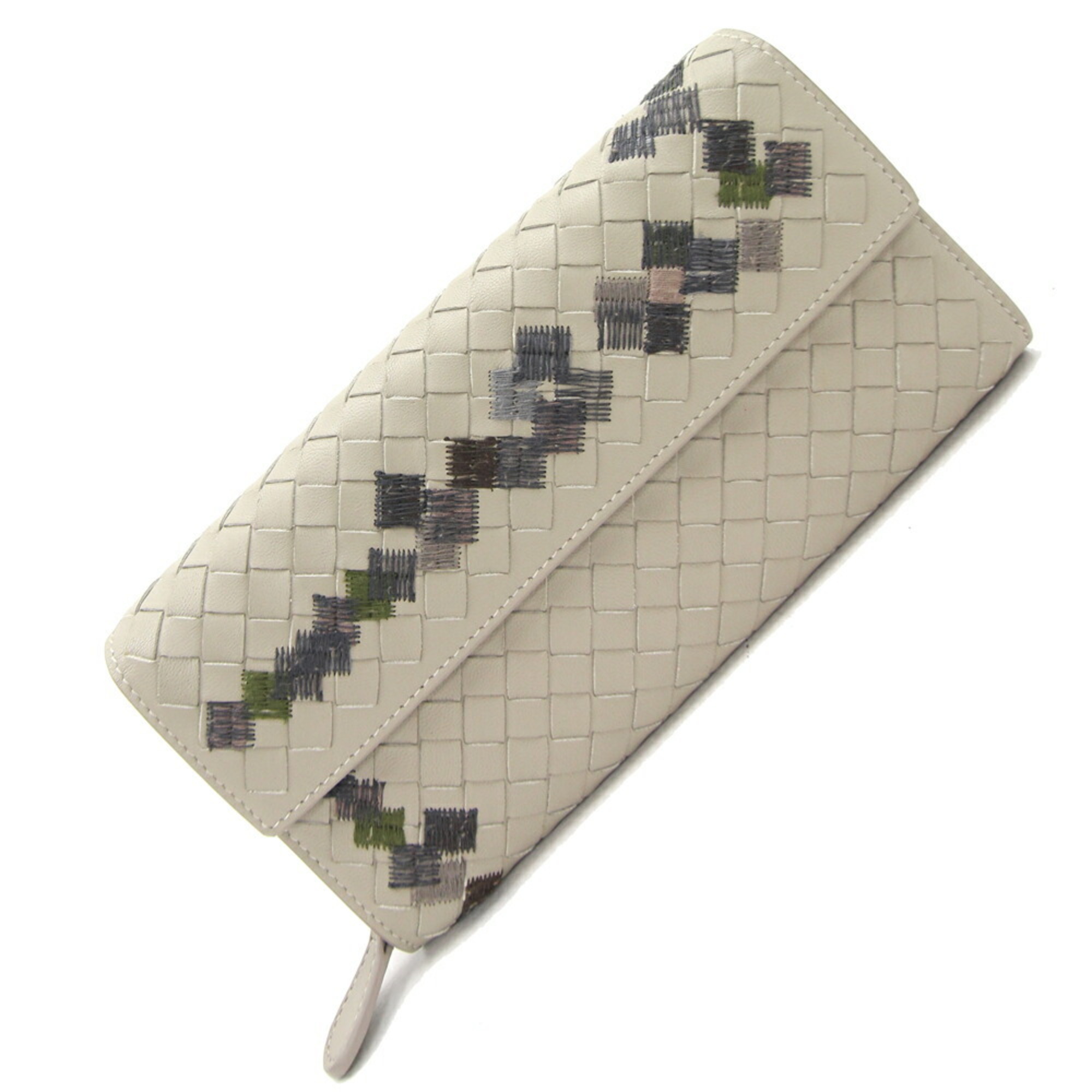 Bottega Veneta Bifold Long Wallet Intrecciato Beige Leather Embroidered Women's